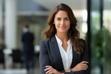 business woman stood in office wearing suit and arms folded smile on face