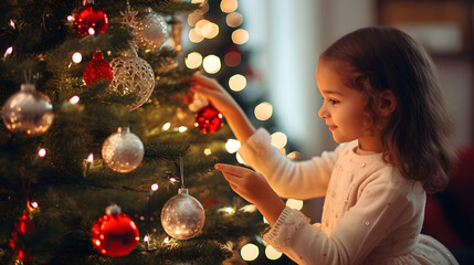 happy little girl decorating christmas tree at home, winter holidays, charity and people concept merry christmas holiday concept - obrazy, fototapety, plakaty