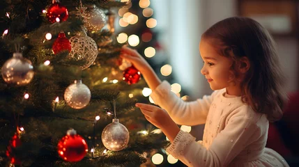 Fotobehang happy little girl decorating christmas tree at home, winter holidays, charity and people concept merry christmas holiday concept © Teerapat