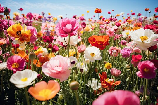Colorful field of flowers in full bloom, captured with a vibrant color-enhancing lens to depict the vibrancy and joy of love. Generative AI