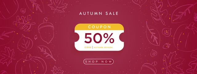 
Autumn Sale 50% Coupon Discount template banner with space for code. Pattern of hand drawn autumn design elements. Online Voucher layout with shop now button.  Vector Illustration.