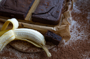 Black bean brownies with banana. Healthy fitness snack, sugar free, natural 