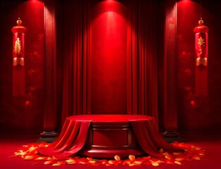 red podium for product display with oriental style made with Generative AI