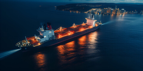 marine images with ship lightening in background,beautiful view,Aerial view tanker offshore in open sea at night