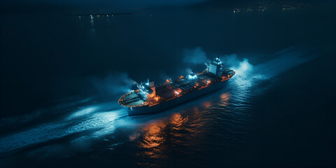 Aerial view tanker offshore in open sea at night - obrazy, fototapety, plakaty