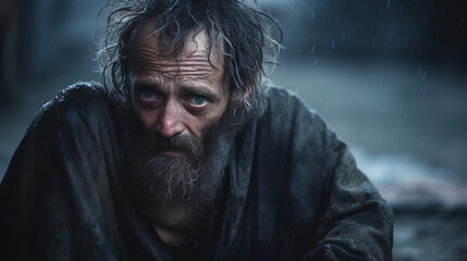 Close-up of a hopeless homeless person. - obrazy, fototapety, plakaty