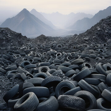 Fotografia de paisaje con multitud de neumaticos de caucho sobre vertedero 