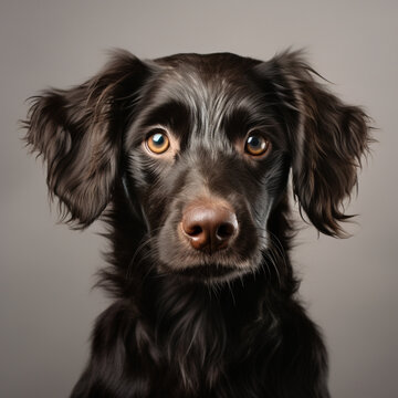 Fotografia con detalle de perro de pelo brillante de color negro, con ojos marrones