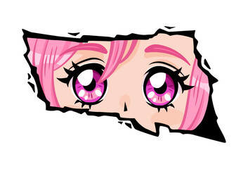 Anime girl with pink hair looking from a paper tear.