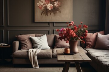 Aesthetic living room with brown corner sofa, pillows, abstract picture, flowers in vase on wooden coffee table. Generative AI