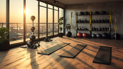 Ready-to-use home gym with kettlebells, bands, and yoga essentials
