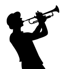 Man playing a trumpet. Black silhouette isolated on a white background. Jazz music performance. Male performer of blues romance on the square.
