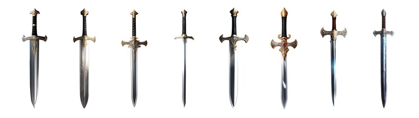 Collection of medieval swords, fantasy swords, isolated, transparent PNG.