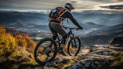 Adventurous mountain biker on peak, gazing at vast valley landscapes