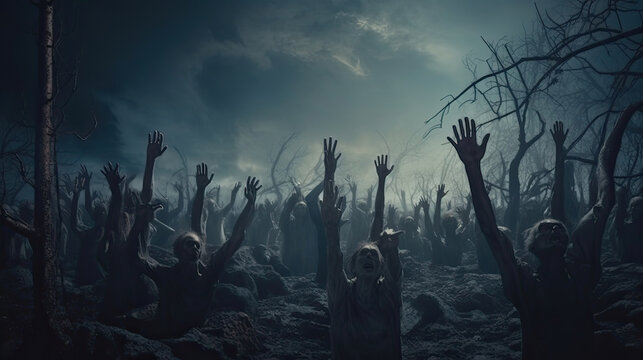 The hands of the zombies emerge from the grave at night, full of spirit signs surrounded by dead trees. Halloween concept.