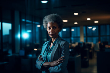 older, beautiful, black businesswoman standing alone in office
