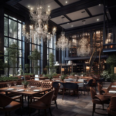 Fototapeta na wymiar Fotografia de decoración de salón interior de restaurante clasico de lujo, con decoración de lujo clasico