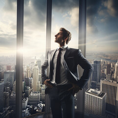 Fotografia de ejecutivo con ropa elegante, mirada hacia arriba, dentro de oficina en rascacielos con vistas a ciudad - obrazy, fototapety, plakaty