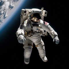Fotografia de astronauta americano con traje espacial, en gravedad, con parte de planeta de fondo