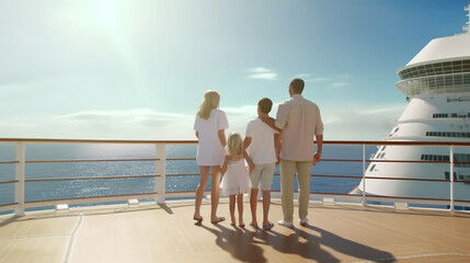 Happy family walking on deck of ship. Luxury cruise vacation