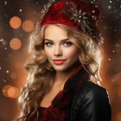 Beautiful female with red christmas background closeup, ai technology