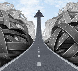 Success through the confusion with clear strategy and solutions for business leadership with a straight path through a maze of tangled roads and highways