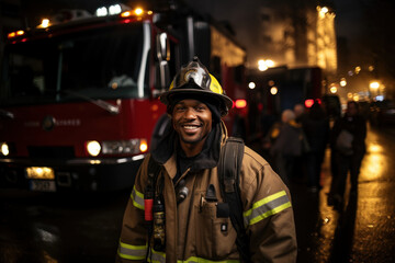 Experienced firefighter in protective helmet and uniform on background of fire truck