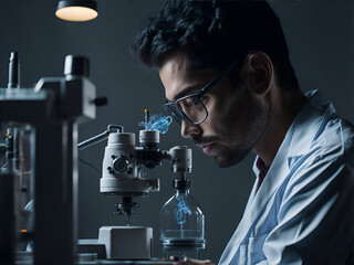 Scientist in a lab coat using a microscope to explore the intricate details of a sample at a cellular level. Generative AI - 649320775