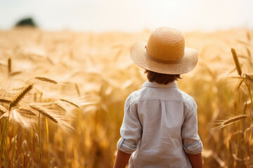 Child in Sun Hat Roaming Through Wheat