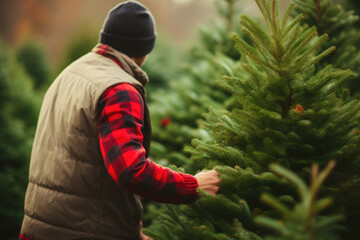 Naklejka na ściany i meble Embracing Nature: Man and Christmas Tree in Forest