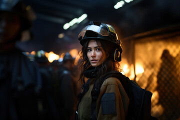 Portrait of asian firefighter against background of burning house