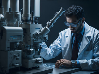 Scientist in a lab coat using a microscope to explore the intricate details of a sample at a cellular level. Generative AI - 649321339