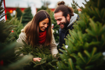 Fototapeta premium Festive Holiday Shopping: Young Couple with Christmas Tree
