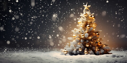 Weihnachten Hintergrund. Weihnachtsbaum mit goldenen Kugeln geschmückt und Schnee	