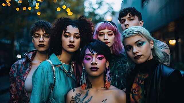 Group of lgbtqia people, nightclub outfit, posing looking at camera outdoors. 