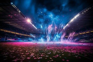Confetti and light trails in a sports stadium. Generative AI