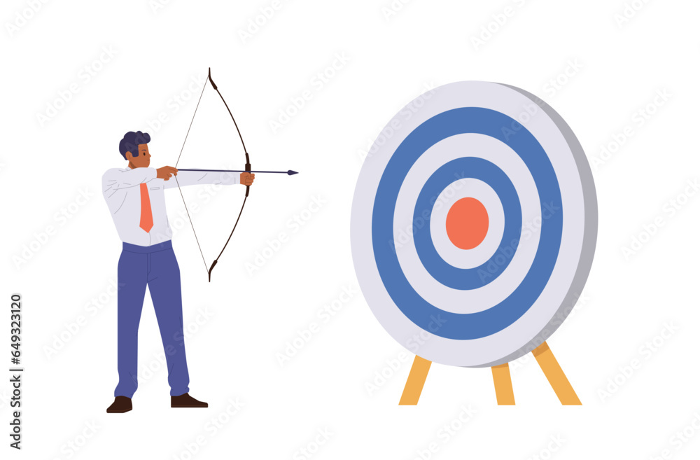 Wall mural Businessman cartoon character aiming target board with arrow from bow isolated on white background