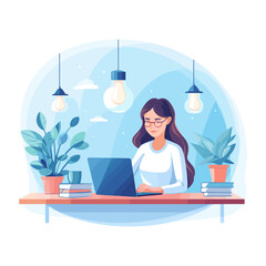 Woman sitting at the desk and using laptop. Office worker, student or freelancer, remote working, solution, business idea concept.