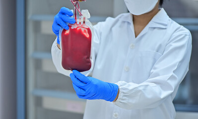 close up blood bag in laboratory medical concept. blood, donate blood, blood bank.