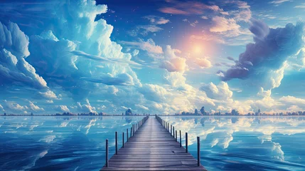 Tuinposter a wooden walkway goes into the water, with a dramatic sky © jr-art
