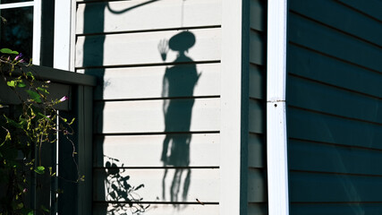 A black shadow displaying eerie dolls hanging is presented on a white wall for Halloween