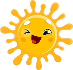 Cartoon funny sun character, winking with eye, smile face or emoji emoticon vector icon. Happy cute sun smiling for morning and winking with yellow shine rays, baby or kids comic sunshine emoji