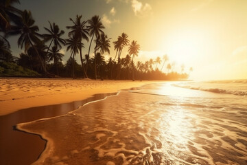sea sky island sun ocean sunset sunrise palm beach landscape. Generative AI.