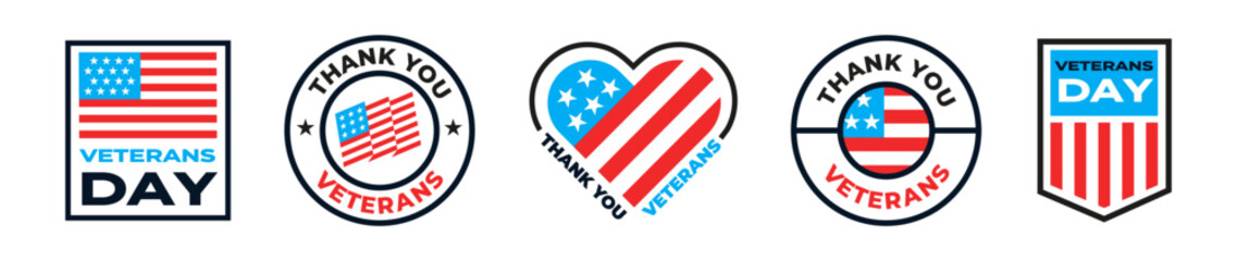 Veterans day emblems. Veteran's day with american flag. Happy Veterans Day elements. National American holiday event.