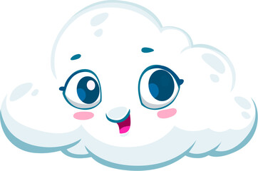 Cartoon cute white cloud weather character. Isolated vector whimsical fluffy cloud personage with funny face expression of lightheartedness and playfulness. Good mood emotions or weather forecast