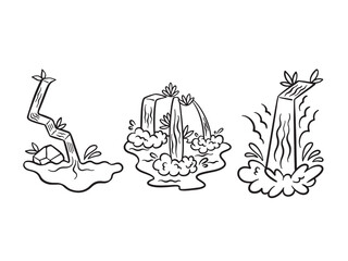 Three waterfall vector icon illustration outlined isolated on square landscape horizontal background. Simple flat cartoon comic art styled natural scenery drawing.
