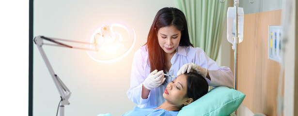 Woman doctor cosmetologist injects a filler into the cheek of the patient's woman. Cosmetology...
