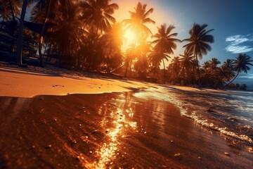 sea sky palm sunset landscape island ocean sunrise sun beach. Generative AI.