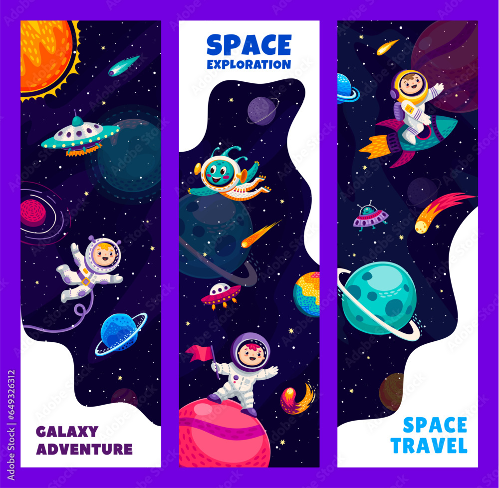 Poster galaxy adventure and space travel banners with cartoon astronauts in outer space, vector background.