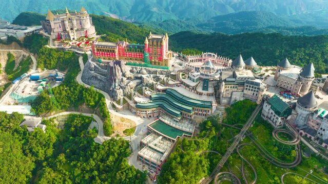 Aerial view of  Ba Na Hills, with beautiful castles, buildings, streets and campuses at the famous tourist destination of Da Nang, Vietnam. Near Golden bridge